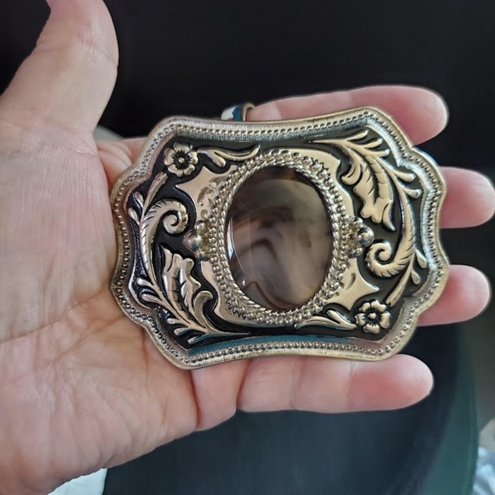 Western Belt Buckle Silver Tone Floral Scroll Brown Agate Cabochon Cowboy